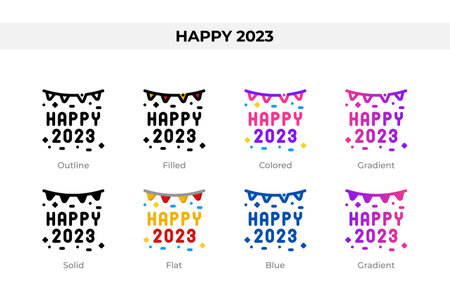 Happy 2023 icons in different style. Happy 2023 icons set. Holiday symbol. Different style icons set. Vector illustrationのイラスト素材