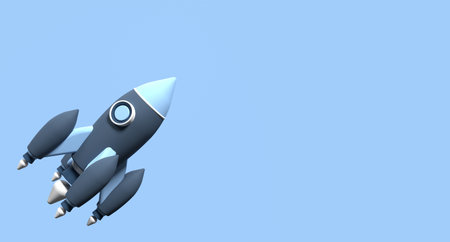 3d render rocket cartoon. 3d space rocket icon. Spaceship icon. 3d render of rocket on blue background. 3d render illustrationの写真素材