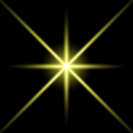 Gold glowing star. Realistic sun rays. Yellow sun ray glow abstract shine light effect. Yellow energy flash. Special lens flare light effect. Vector illustrationのイラスト素材