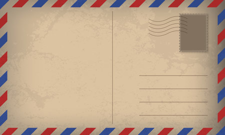 Old style postcard or envelope with postage stamp. Air mail letter. Post stamp. Airmail frame postcard. Mockup template envelope. Vector illustrationのイラスト素材