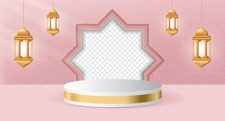 3d product display podium themed islamic with lantern for ramadan. Islamic 3d display podium decoration with realistic lantern. Social media post with empty space for photo. Vector illustrationのイラスト素材