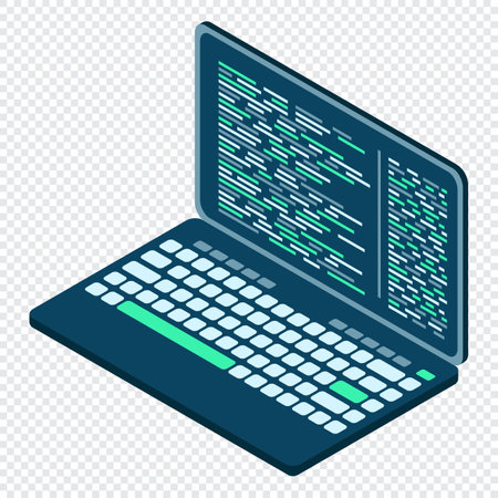 Isometric Laptop. 3d isometric laptop computer. Abstract programming language and program code on a laptop screen. Vector illustrationのイラスト素材