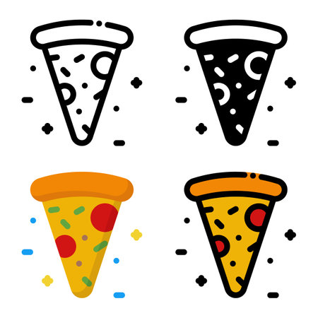 Pizza icon set. Colorful cartoon pizza icon. Pizza slice icon. Pizza logo. Fast food symbol. Vector illustrationのイラスト素材