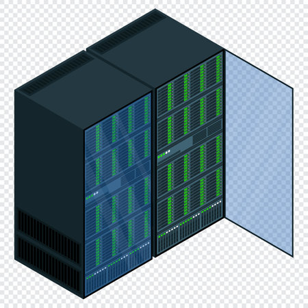 Isometric server. Network server room. 3D computer equipment. Storage database. Isometric technology. Vector illustrationのイラスト素材