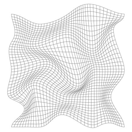 Distorted square grid. Wireframe wave geometry grid. Warped mesh texture. Curved mesh elements. Vector illustrationのイラスト素材