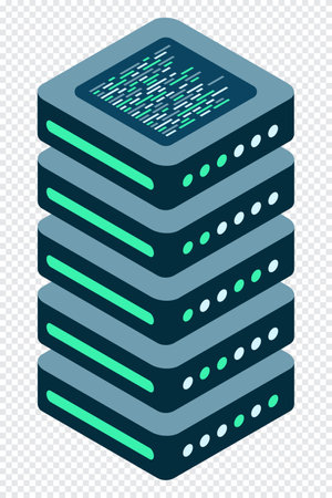 Isometric server. Network server room. 3D computer equipment. Storage database. Isometric technology. Vector illustrationのイラスト素材
