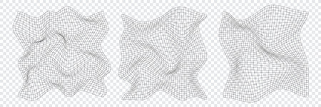 Distorted square grid. Warped mesh texture. Retro punk design elements. Wireframe wave geometry grid. Curved mesh elements. Vector illustrationのイラスト素材