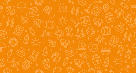 Autumn seamless pattern. Autumn background. Collection autumn icons. Leaves, mushroom, acorn, berries. Vector illustrationのイラスト素材