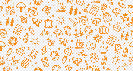 Autumn seamless pattern. Autumn background. Collection autumn icons. Leaves, mushroom, acorn, berries. Vector illustrationのイラスト素材