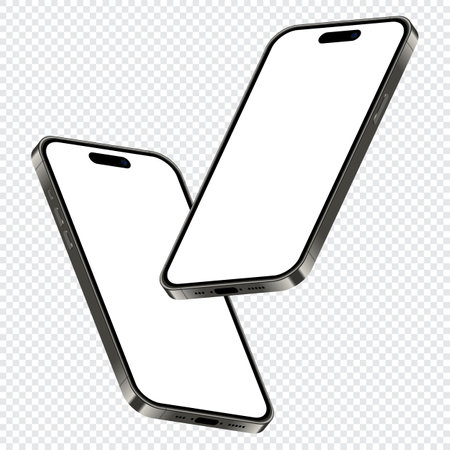 Realistic smartphone mockup. Isometric smartphone set. 3d mobile phones with blank screen. Vector illustrationのイラスト素材
