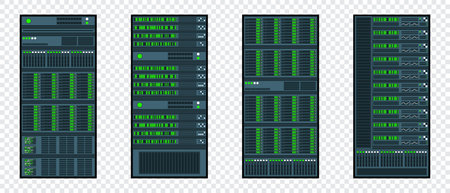 Set of various server racks. Server in cabinets. Server room data center. Server in flat design. Vector illustrationのイラスト素材