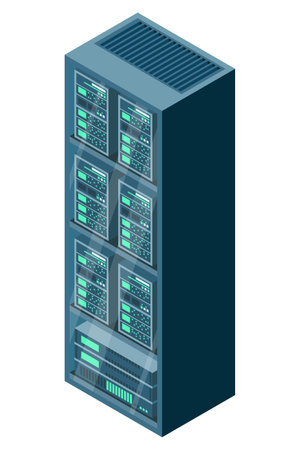 Isometric server. Network server room. 3D computer equipment. Storage database. Isometric technology. Vector illustrationのイラスト素材