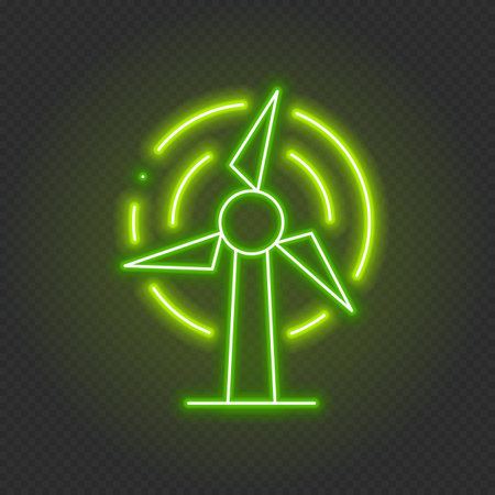 Glowing neon wind turbine icon. Wind generator sign. Neon wind generator turbine power. Glowing neon. Vector illustrationのイラスト素材