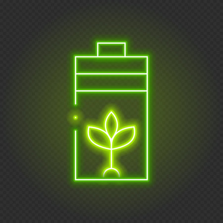 Glowing neon line eco nature leaf and battery icon. Glowing neon battery icon. Battery charging power sign. Electricity symbol. Glowing neon. Vector illustrationのイラスト素材