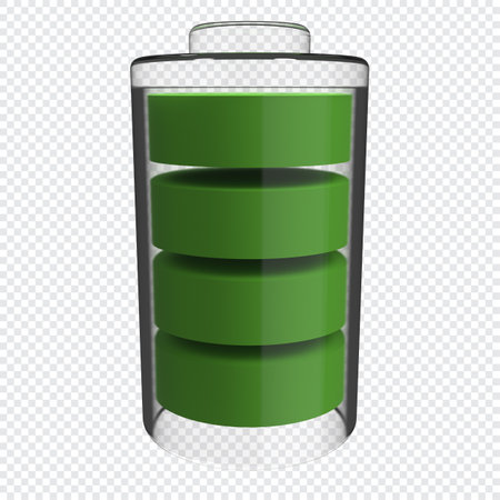 Glossy transparent battery symbol. Full power status concept design. Battery 3d icon. Energy glass storage. 3d render illustrationの写真素材
