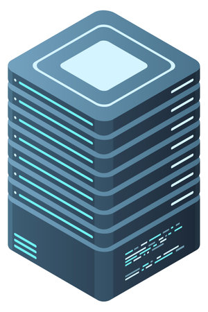 Isometric server. Network server room. 3D computer equipment. Storage database. Isometric technology. Vector illustrationのイラスト素材