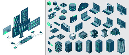 Set of isometric computer technology. Isometric set server equipment. Technology isometric icons. Digital technology items. Vector illustrationのイラスト素材
