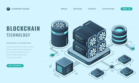 Isometric blockchain technology landing page concept. Isometric cryptocurrency. Digital technology website landing page. Vector illustrationのイラスト素材