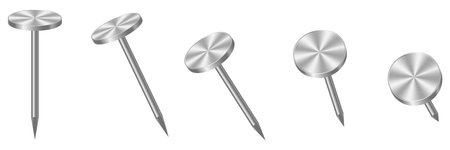 Realistic 3d metal nails. Nail metal. Realistic set of metal pins. Metallic hardware vector set. Vector illustrationのイラスト素材