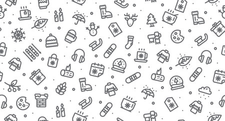 Winter holidays background. Winter set with seamless pattern. Collection winter icons. Snowman, tree, snowflakes, gift box. Vector illustrationのイラスト素材