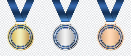 Gold, silver, and bronze medal. Realistic medal set. Prizes for winner. Award with ribbon. Vector illustrationのイラスト素材