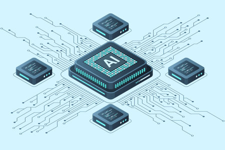 Isometric artificial intelligence chip concept. Artificial intelligence concept. Futuristic microchip processor. Vector illustrationのイラスト素材