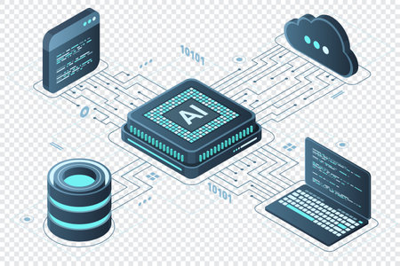 Isometric artificial intelligence chip concept. Artificial Intelligence server. Futuristic microchip processor. Isometric cloud computing. Vector illustrationのイラスト素材