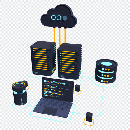 Cloud technology computing concept. Modern cloud technology. Data center isometric concept. 3D cloud...