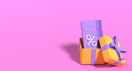 Coupon with gift box and a percentage sign. Discount voucher with gift box . Creative concept of online bargain shopping. 3d rendering illustrationの写真素材