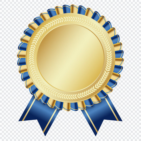 Gold medal. Gold medal with blue ribbon. Design winner golden medal prize. Blue ribbon award with gold medalのイラスト素材
