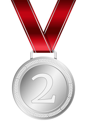Silver medal. Silver medal with red ribbon. Design winner golden medal prize. Champion winner award medalのイラスト素材