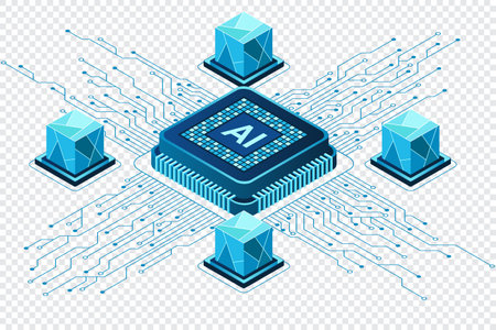 Isometric artificial intelligence chip concept. Artificial intelligence concept. Futuristic microchip processor. Vector illustrationのイラスト素材