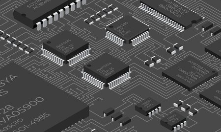 Isometric electronic board. Isometric printed circuit board with electronic components. Electronic...