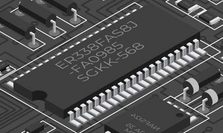Isometric electronic board. Isometric printed circuit board with electronic components. Electronic components and integrated circuit boardのイラスト素材