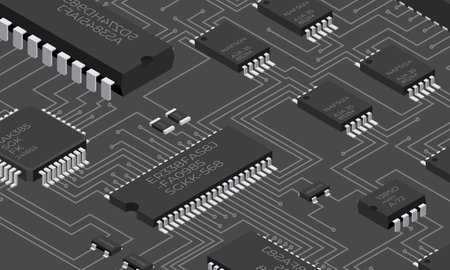 Isometric electronic board. Isometric printed circuit board with electronic components. Electronic components and integrated circuit boardのイラスト素材