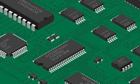 Isometric electronic board. Isometric printed circuit board with electronic components. Electronic components and integrated circuit boardのイラスト素材