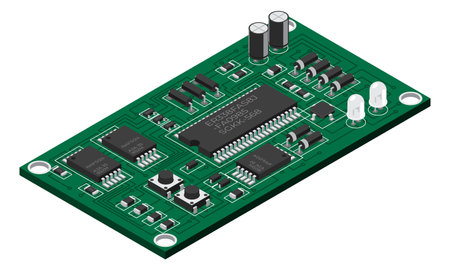 Isometric electronic board. Isometric printed circuit board with electronic components. Electronic components and integrated circuit boardのイラスト素材