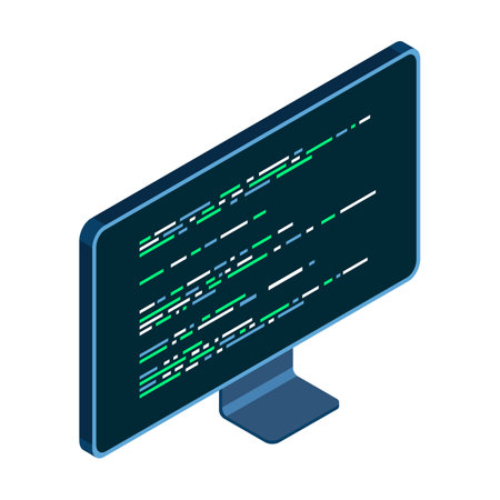Isometric monitor. Computer monitor isometric desktop. Program code on a monitor screen. Modern monitor. Vector illustrationのイラスト素材