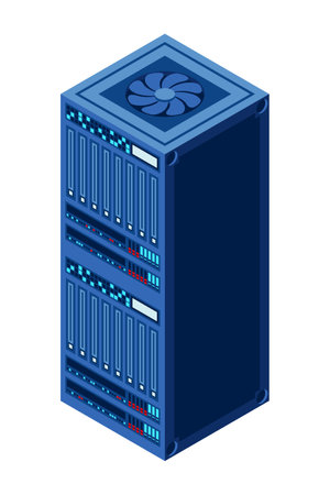 Isometric server. Network server room. 3D computer equipment. Storage database. Isometric technologyのイラスト素材
