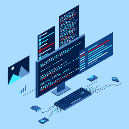Computer technology isometric illustration. Desktop computer platforms. Software programming coding concept. Code with computer monitor. Isometric technologyのイラスト素材