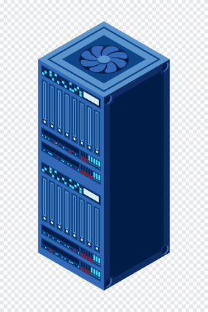 Isometric server. Network server room. 3D computer equipment. Storage database. Isometric technologyのイラスト素材