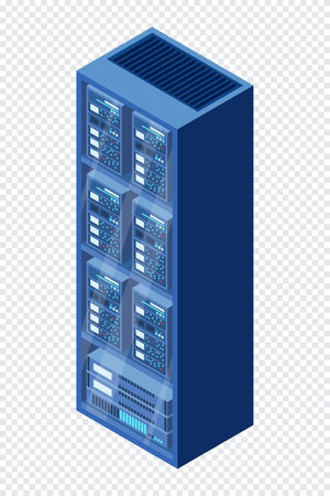 Isometric server. Network server room. 3D computer equipment. Storage database. Isometric technologyのイラスト素材