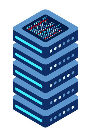 Isometric server. Network server room. 3D computer equipment. Storage database. Isometric technologyのイラスト素材