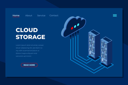 Cloud computing isometric landing page. Cloud storage server. Cloud computing online database technology. Isometric technologyのイラスト素材