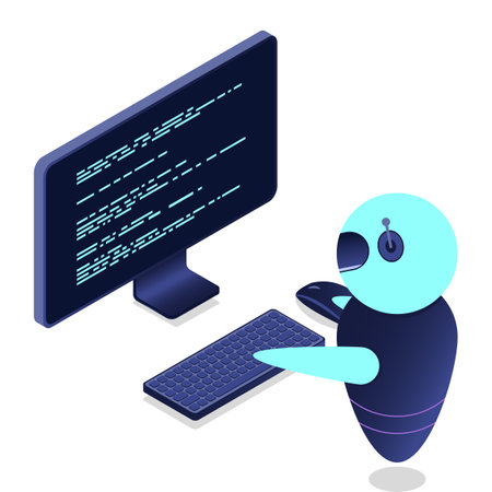 Futuristic robot interaction with computer. Isometric AI robot. Digital communication chatbots. Isometric technologyのイラスト素材