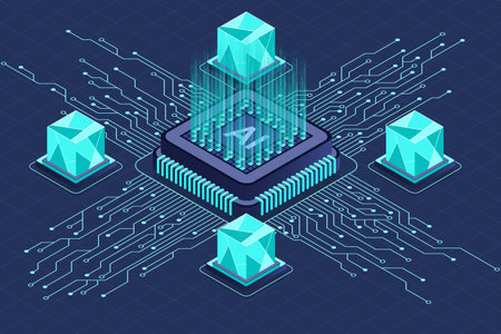 Isometric artificial intelligence chip concept. Artificial intelligence concept. Futuristic microchip processor. Isometric technologyのイラスト素材