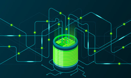 Isometric concept of big data processing. Server energy station of future. Network mainframe infrastructure. Isometric high technology conceptのイラスト素材