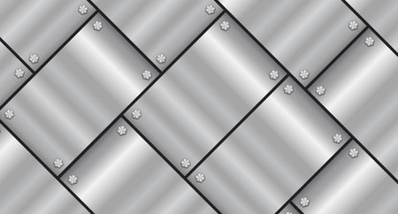 Metal texture background with screws. Aluminium plate with screws. Steel background. Vector illustrationのイラスト素材