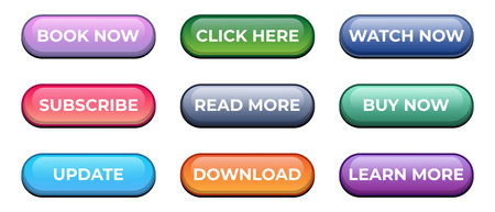 Colorful web buttons set. Read more, learn more, buy now, download, watch now, book now. Web design elements. Vector illustrationのイラスト素材