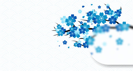 Flowers blossom branch. Blue flower background. Floral plant with blue blooms. Falling petals. Vector illustrationのイラスト素材